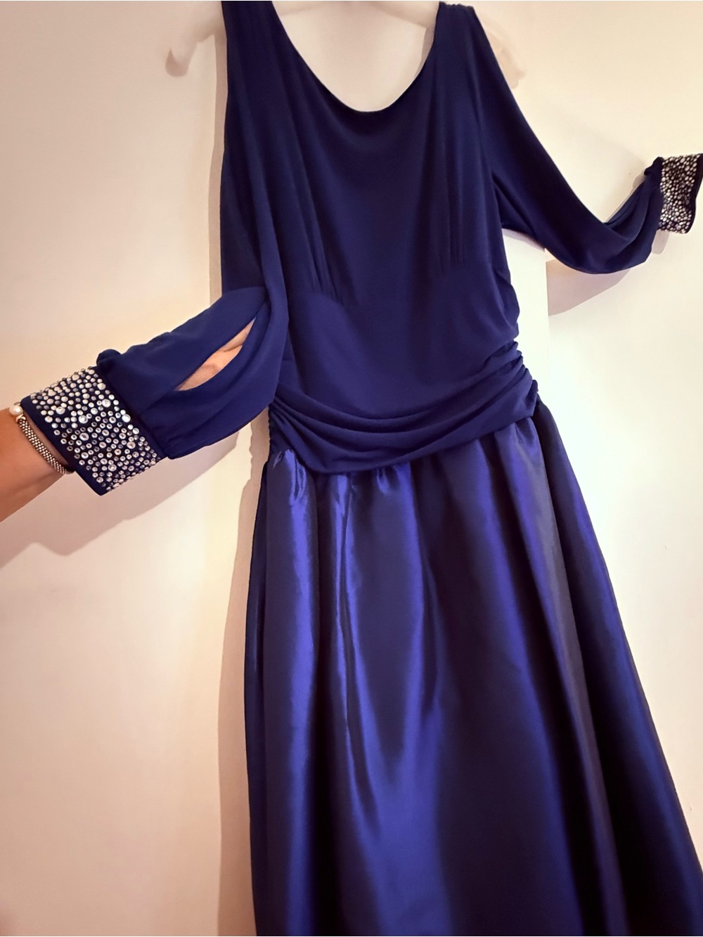 Jessica Howard Royal Blue Long Sleeve Evening Dress with Jeweled Cuffs